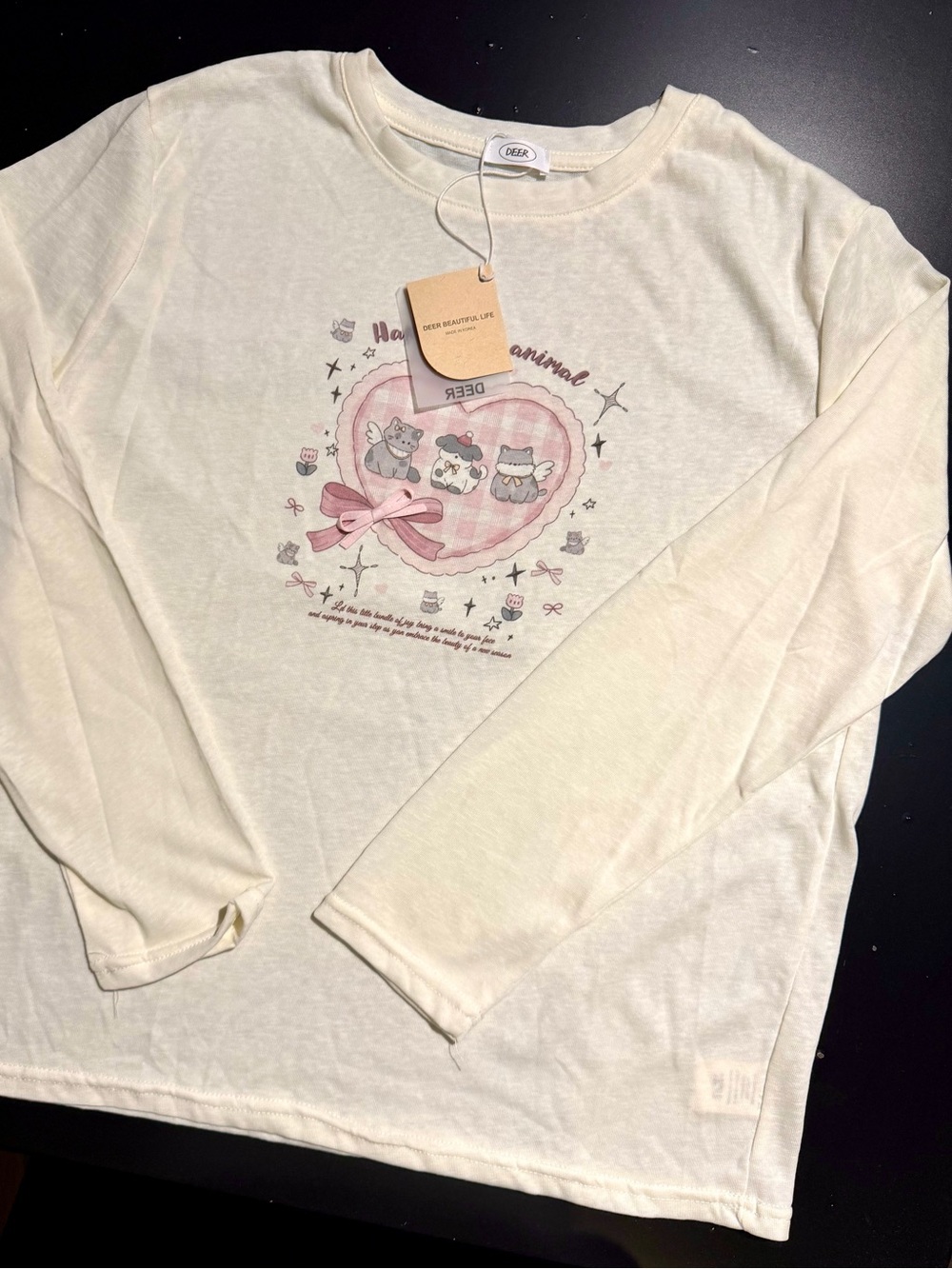 Cream Long-Sleeve Tee with Pink Kitty Doggie Heart Graphic
